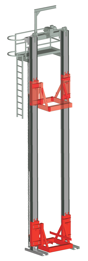 Dispositivo di sollevamento a due colonne · con telaio porta carico ·  con piattaforma per manutenzione.