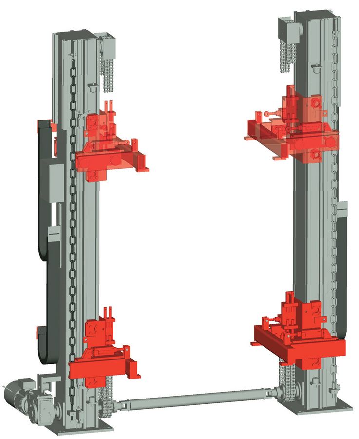 Two pillar lifting unit · synchronized ·  motor in top position ·  horizontal pick up forks.