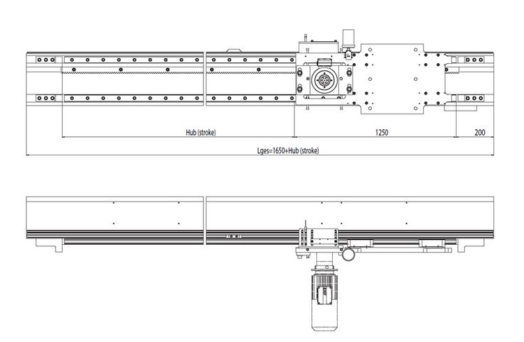 Dimensiones del eje horizontales Modelo DLE -1000 ZS-H · Con accionamiento por cremallera y piñón para una capacidad de carga de hasta 1.500 kgs.