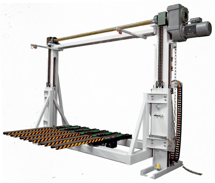 Two pillar lifting unit · synchronized with drive shaft ·  with telescopic forks.