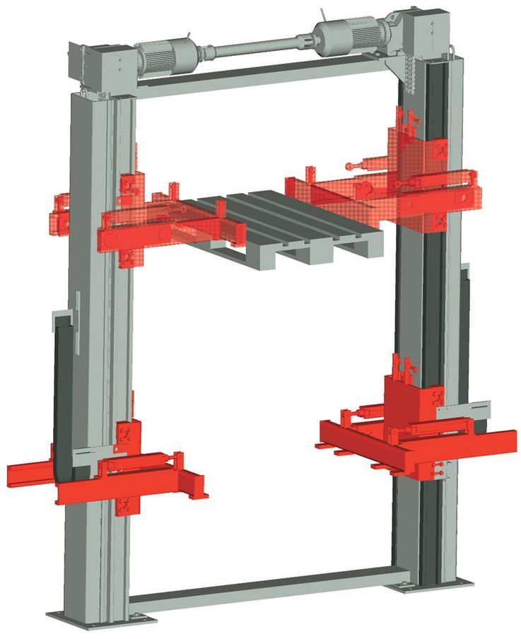 Two pillar lifting unit · synchronized ·  motor in top position ·  horizontal pick up forks.
