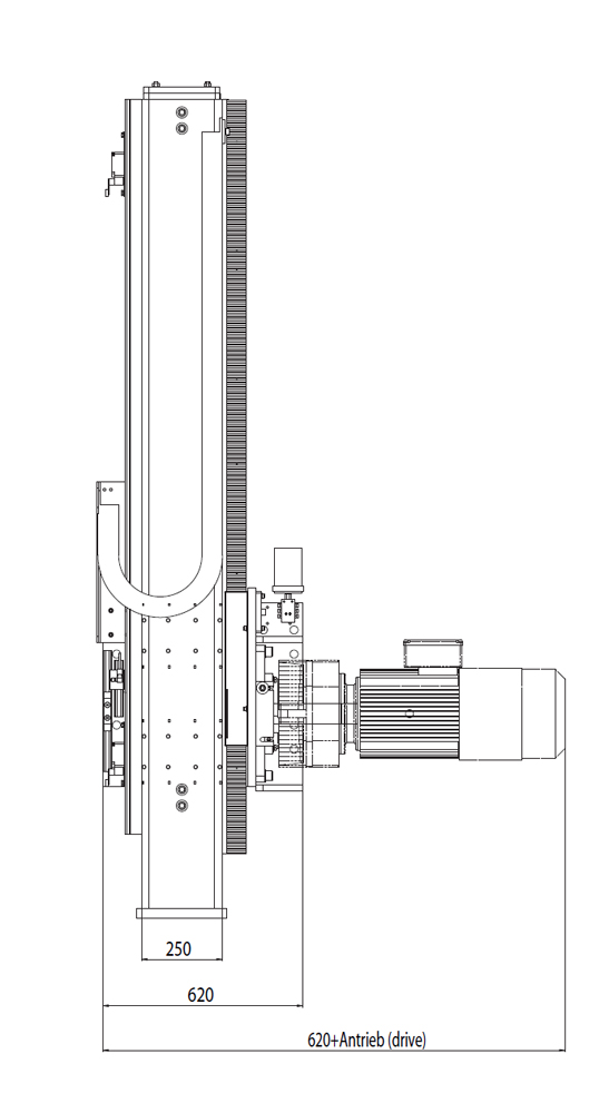 Dimensiones del eje vertical Modelo DLE -1000 ZS-V · Con accionamiento por cremallera y piñón para una capacidad de carga de hasta 1.000 kg.