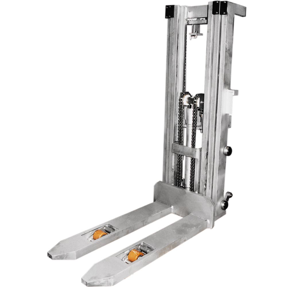 Stainless steel lift masts made out of S 304 MONO · SIMPLEX · DUPLEX · TRIPLEX – load capacity up to 1 · 5 t for fork lift trucks or stationary use · hydraulically or electro-mechanically powered